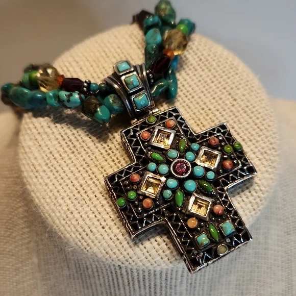 Vintage Sterling Silver and Turquoise Cross Necklace